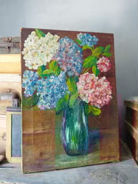 Image 2 of Peinture à l'huile ancienne, bouquet d'hortensias