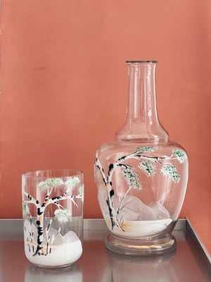 Birketræ, sengekants karaffel med glas 