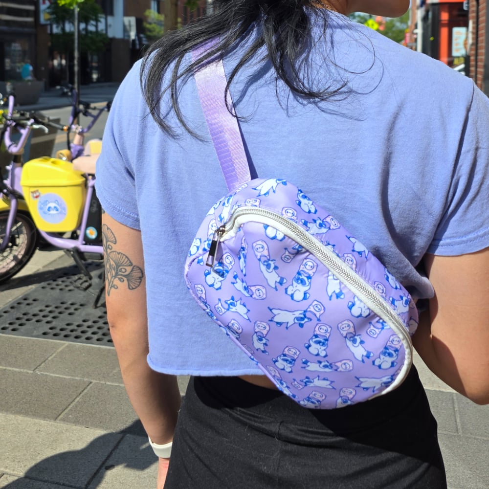 Image of Kuni the Flying Raccoon Using A Plastic Bag Parachute Cute Pastel Waist Bag/Hip Pack/Sling/Belt Bag