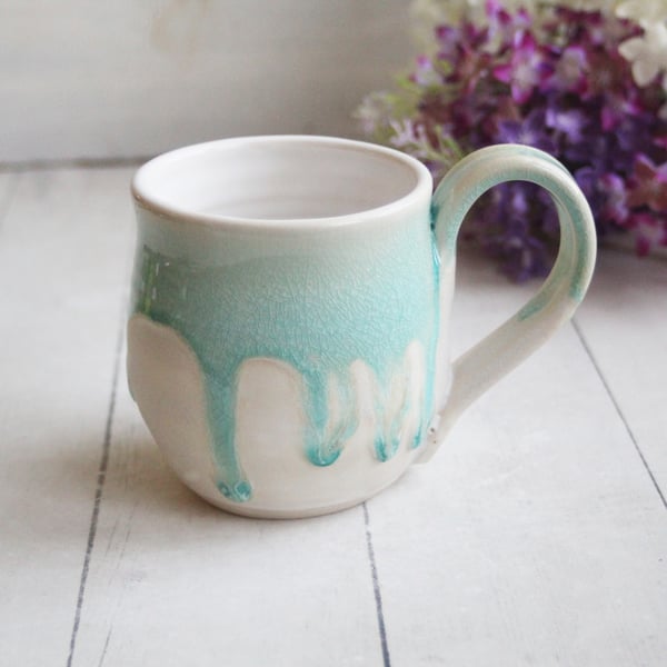 Image of Crackle Turquoise and White Dripping Mug, Handcrafted Sea Class Coffee Cup, Made in USA