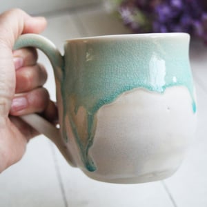 Image of Crackle Turquoise and White Dripping Mug, Handcrafted Sea Class Coffee Cup, Made in USA