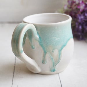 Image of Crackle Turquoise and White Dripping Mug, Handcrafted Sea Class Coffee Cup, Made in USA