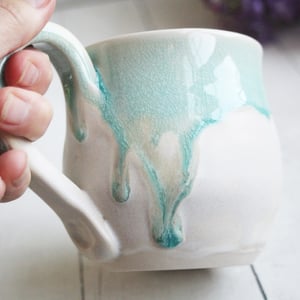 Image of Crackle Turquoise and White Dripping Mug, Handcrafted Sea Class Coffee Cup, Made in USA