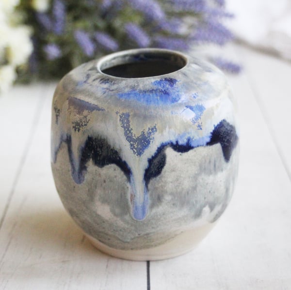 Image of Artful Pottery Vase in Shades of Blue and Gray Glazes, Ready to Ship, Made in USA
