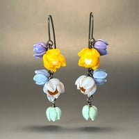 Art Glass Earrings: Three-Tiered Blooms in Bright Yellow, Lavenders & Blues