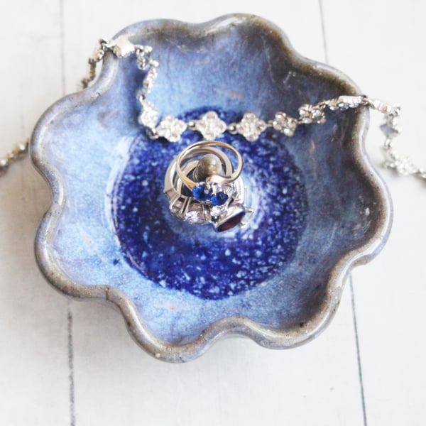 Image of One of a Kind Rustic Handcrafted Pottery Ring Holder in Galaxy Blue Glaze, Made in USA