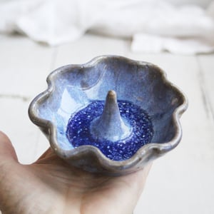 Image of One of a Kind Rustic Handcrafted Pottery Ring Holder in Galaxy Blue Glaze, Made in USA