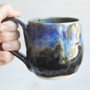 Image of Dripping Blue and Brown Glazed Mug, 12 Ounce Handcrafted Pottery Mug, Made in USA
