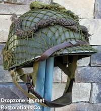 Image 3 of WWII M2 Airborne Helmet 506th PIR & Firestone Paratrooper Liner. NCO. Net & scrim.