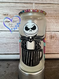 Image 1 of 16oz Jack and Sally Halloween Glass Can 
