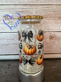 Image 2 of 16oz Pumpkins and Bows Glass Can 