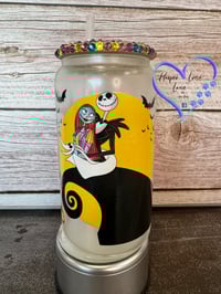 Image 1 of 16oz Jack and Sally Glow in the Dark Glass Can 