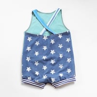 Image 3 of recycle sustainable stars 3/4 3T 4T romper courtneycourtney playsuit shorts layer shortalls overalls