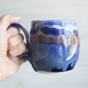 Image of Blue Mug with Melting Blue Glazes, Handmade Pottery Mug, 14 Ounce, Made in USA