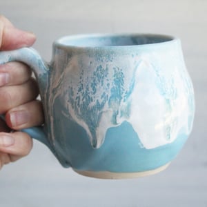 Image of Baby Blue Satin and Marshmallow Glazed Handmade Pottery Mug, 12 Ounce, Made in USA