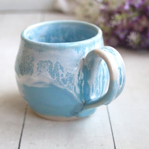 Image of Baby Blue Satin and Marshmallow Glazed Handmade Pottery Mug, 12 Ounce, Made in USA