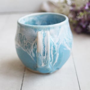 Image of Baby Blue Satin and Marshmallow Glazed Handmade Pottery Mug, 12 Ounce, Made in USA