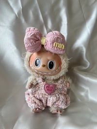 Image 1 of Labubu Sweet Tweed Set - Pink Overalls & Matching Bow Accessory (17cm)