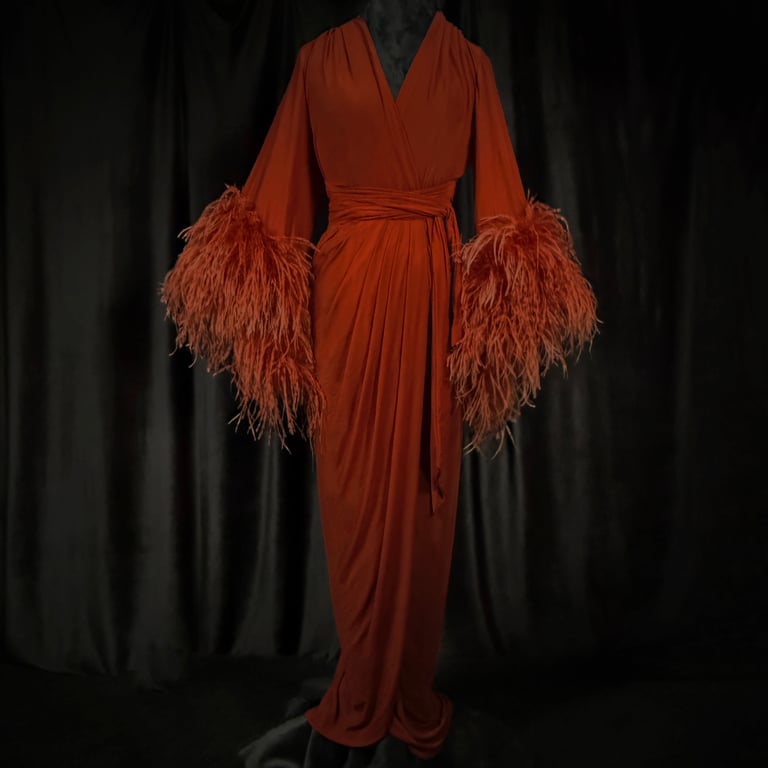 SAMPLE SALE! Deep Ginger Sheer "Selene" Ostrich Dressing Gown Size S