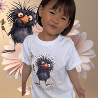 Image 1 of Frazzled Birdie Tee - Kids Youth Teen Girls Ladies White and Purple Prissy Girly Crazy Bird T-shirt