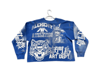 Image 1 of  Black samurai black panther kanji art dept custom screen print blue/white bleach sweatshirt