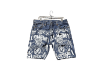Image 2 of 505 levi's art dept custom screen print blue/white/black denim jeans cut off shorts sz. 36 