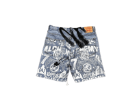 Image 1 of 505 levi's art dept custom screen print blue/white/black denim jeans cut off shorts sz. 38
