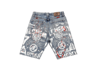 Image 1 of 505 Levi's art dept custom screen print blue/white/orange denim jeans cut off shorts sz. 30