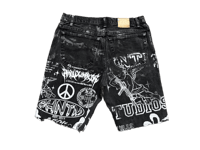 Image 1 of 505 levi's art dept custom screen print black/white denim jeans cut off shorts sz. 32