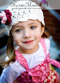Image 1 of White Crochet Beanie for Girls with Burgundy & Pink Flowers – Handmade in 100% Cotton