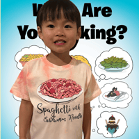 Image 1 of  "What Are You Making?" Book Tee - Kids Girls and Boys Orange Tiedye - Spaghetti Earthworm Noodles