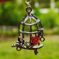 Image 4 of Red Gem Crow and Cage Asymmetric Earrings