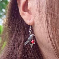 Image 3 of Red Gem Crow and Cage Asymmetric Earrings