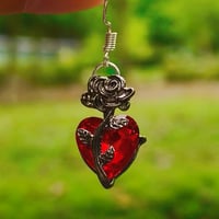 Image 4 of Red Gem Heart and Rose Drop Asymmetric Earrings