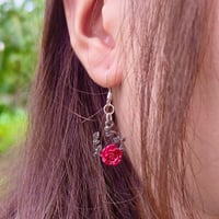 Image 3 of Red Gem Heart and Rose Drop Asymmetric Earrings