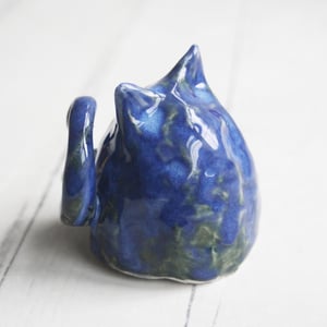 Image of Small Blue Ceramic Cat, Handcrafted Cat Sculpture, Indoor Outdoor, Made in USA