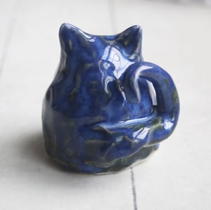 Image of Small Blue Ceramic Cat, Handcrafted Cat Sculpture, Indoor Outdoor, Made in USA