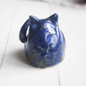Image of Small Blue Ceramic Cat, Handcrafted Cat Sculpture, Indoor Outdoor, Made in USA