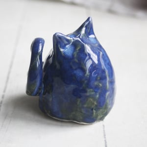 Image of Small Blue Ceramic Cat, Handcrafted Cat Sculpture, Indoor Outdoor, Made in USA