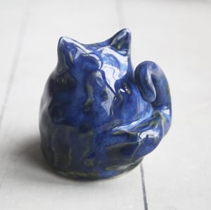 Image of Small Blue Ceramic Cat, Handcrafted Cat Sculpture, Indoor Outdoor, Made in USA