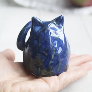 Image of Small Blue Ceramic Cat, Handcrafted Cat Sculpture, Indoor Outdoor, Made in USA