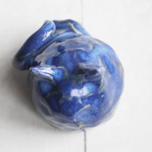 Image of Small Blue Ceramic Cat, Handcrafted Cat Sculpture, Indoor Outdoor, Made in USA