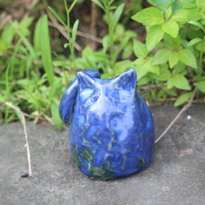 Image of Small Blue Ceramic Cat, Handcrafted Cat Sculpture, Indoor Outdoor, Made in USA