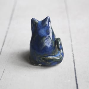 Image of Tiny Cat Sculpture in Blue and Green Glaze, Handcrafted Ceramic Cat figurine, Made in USA