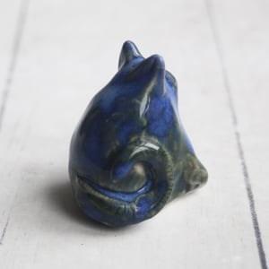 Image of Tiny Cat Sculpture in Blue and Green Glaze, Handcrafted Ceramic Cat figurine, Made in USA