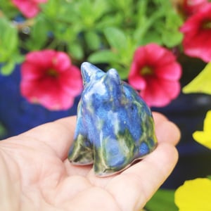 Image of Tiny Cat Sculpture in Blue and Green Glaze, Handcrafted Ceramic Cat figurine, Made in USA