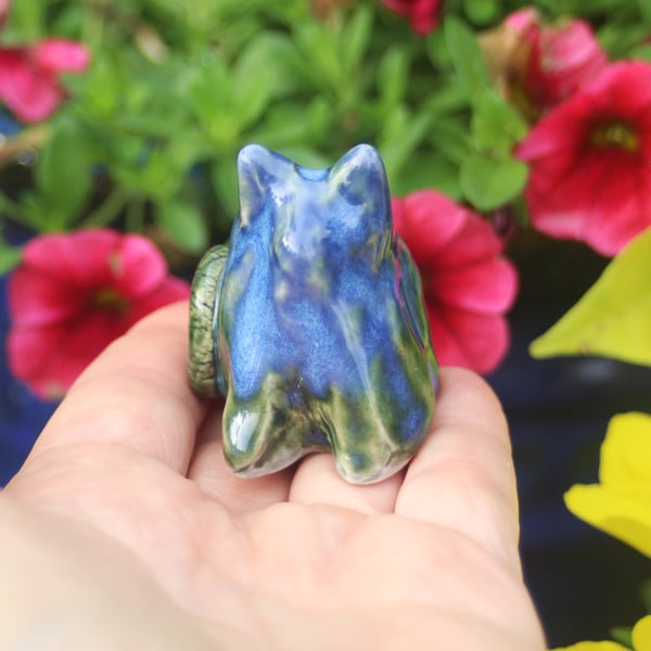 Image of Tiny Cat Sculpture in Blue and Green Glaze, Handcrafted Ceramic Cat figurine, Made in USA