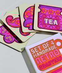 Image 1 of Set of 4 Retro Handmade Wooden Coasters