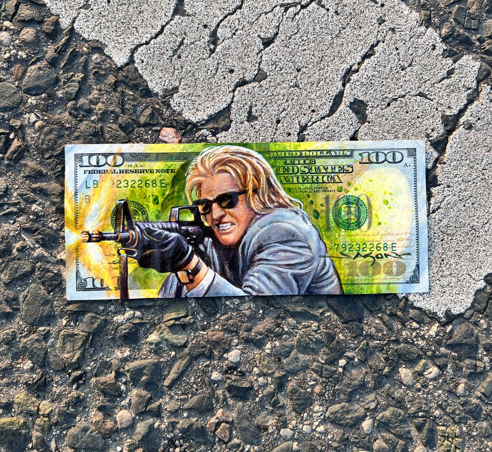 "All About the Benjamins: One Last Score" - 2.625" x 6.125" acrylic painting on $100 bill