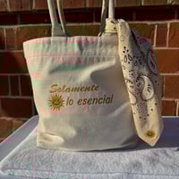 Image 1 of Solamente lo Esencial Embroidered Drawstring Tote Bag – Canvas Market Bag